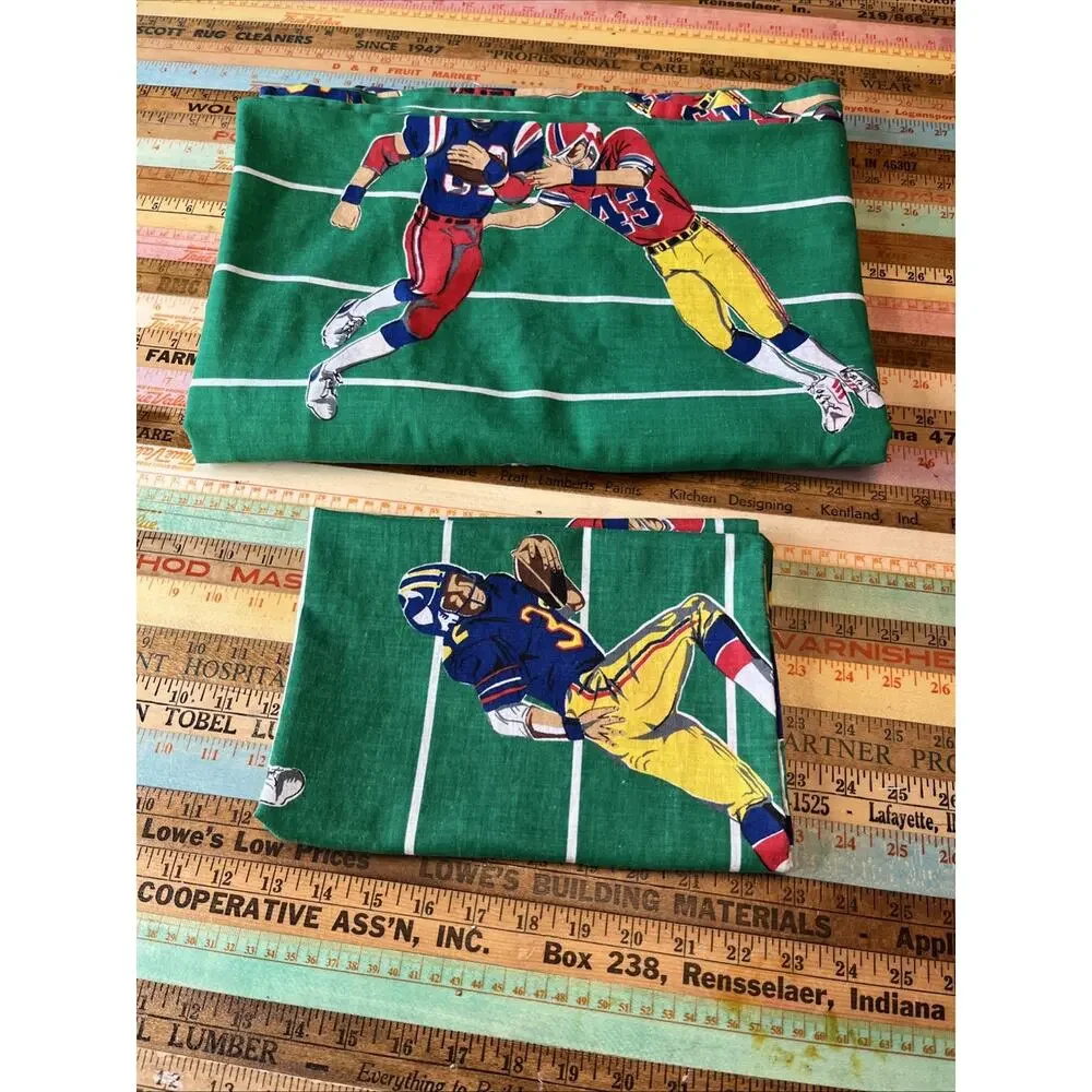 Vintage 70s FOOTBALL Players Flat Bed Sheet Bunk Size 95x 63